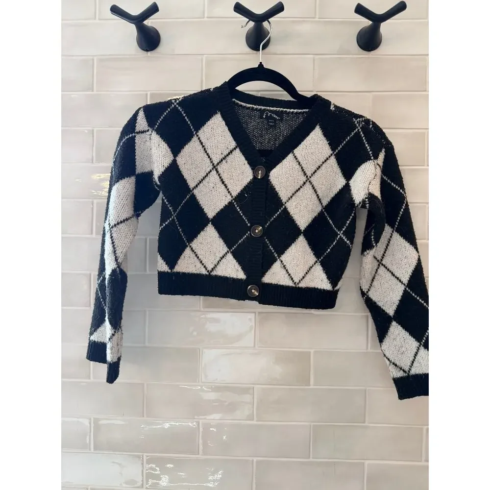 Art Class Girls' Black & White Argyle Cropped Cardigan